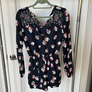 Flowered long sleeve romper with front tie